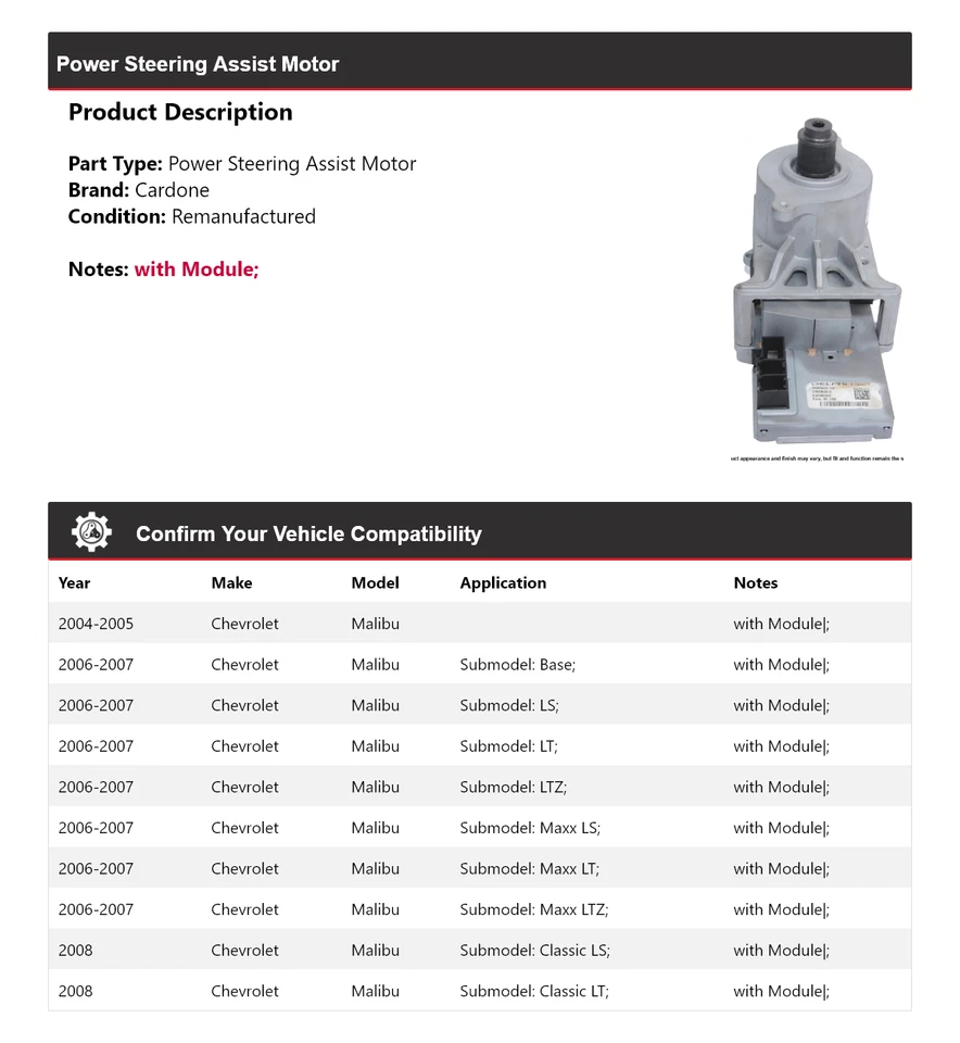 Para Chevrolet Malibu 2004-2008 Asistencia Dirección Asistida Motor Cardone 2005 2006 Foto 2 de 4