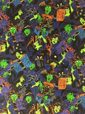 FUN 2003 Witch Witches Casting Spells Spell Book Cauldron Black Cats Fabric BTHY