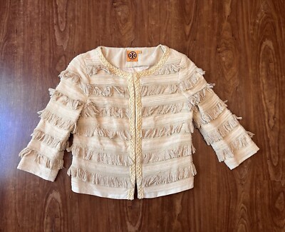 Tory Burch Julian Silk Cotton Fringe Jacket Women's size 2 Beige