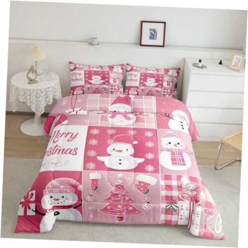 Xmas Comforter Set Size,Snowman Christmas Tree Snowflake Queen Hotpink White