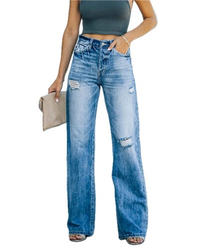 Womens Denim Jeans Wide Leg Mid Rise Trousers and Summer Casual Pants plus Wash - Picture 16 of 16