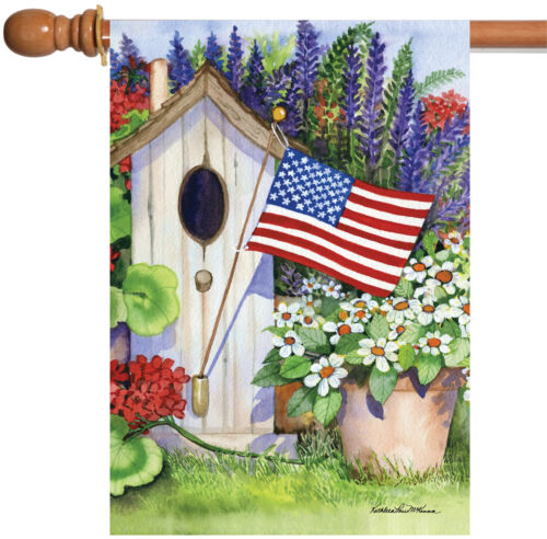 Toland Flag Flying Birdhouse 28x40 Patriotic USA Summer Flower House Flag - Afbeelding 1 van 3
