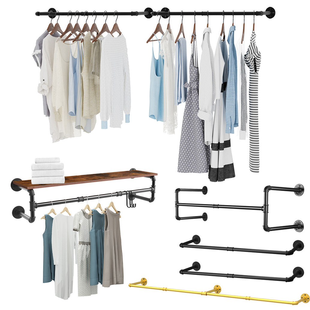 Multi Metal Pipe Clothes Rack Garment Rail Shelf Wall Hanging Bar