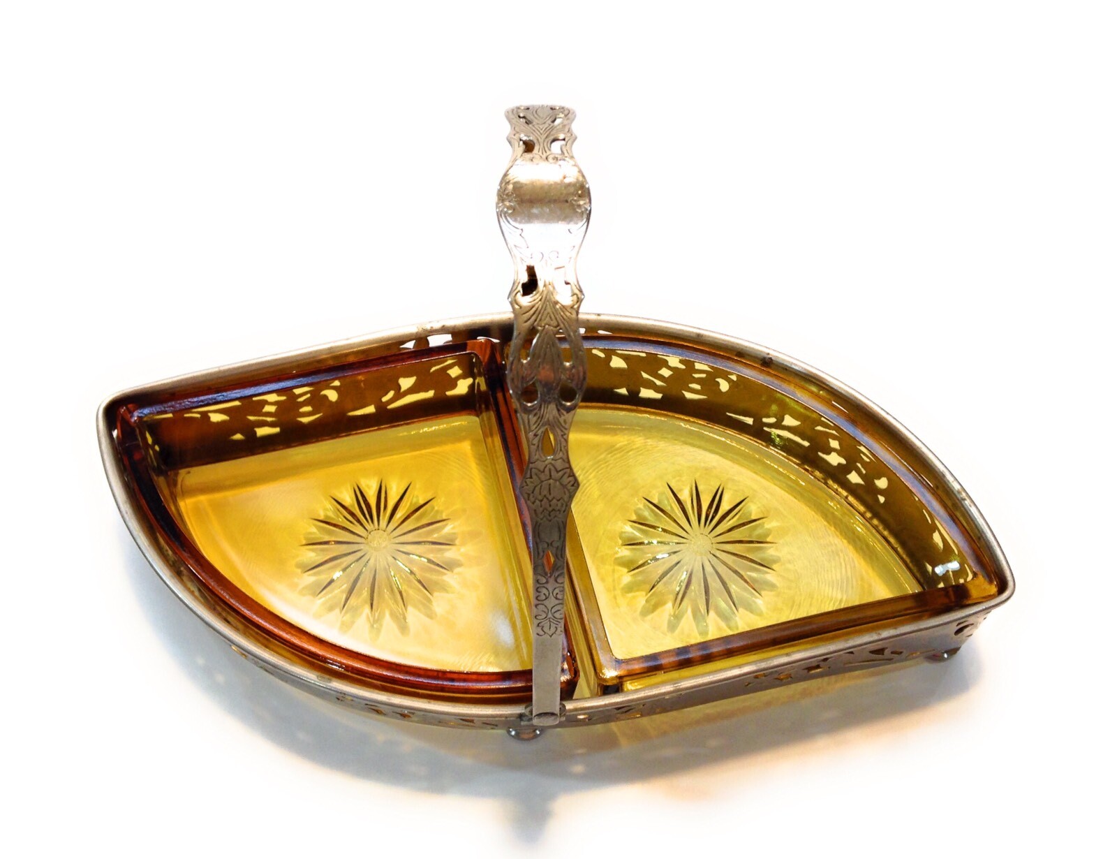 Vintage Farber Brook ? Amber Pressed Glass & Chrome Relish Condiment Candy Dish