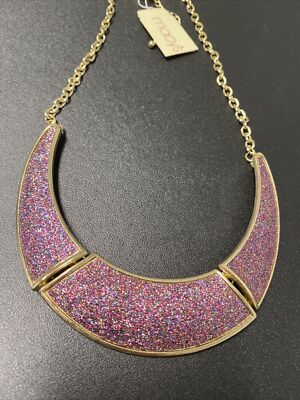 Macys Crescent Pink Glitter Gold Toned Statement Necklace
