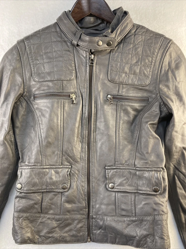 Chaqueta de motocicleta Ben Sherman de cuero real gris con cremallera talla XS NUEVA SIN ETIQUETAS Foto 2 de 4