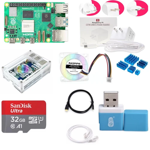 Raspberry Pi 5 (2/4/8/16GB) Complete Kit - Case with Fan, 27W PSU, 32GB SD Card