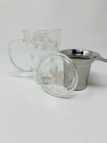 DAVIDS TEA The Perfect Tea Mug 12oz Glass Snowflakes & Garland w/ Infuser & Lid - Picture 8 of 14