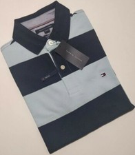 Image of TOMMY HILFIGER Men's THFLEX Slim Fit Block Stripe Polo T-Shirt In Navy/Sky Blue