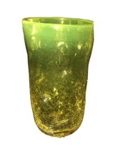 Vintage Blenko Pinched Crackle Glass Tumbler Neon Yellow Mid Century Modern 60s