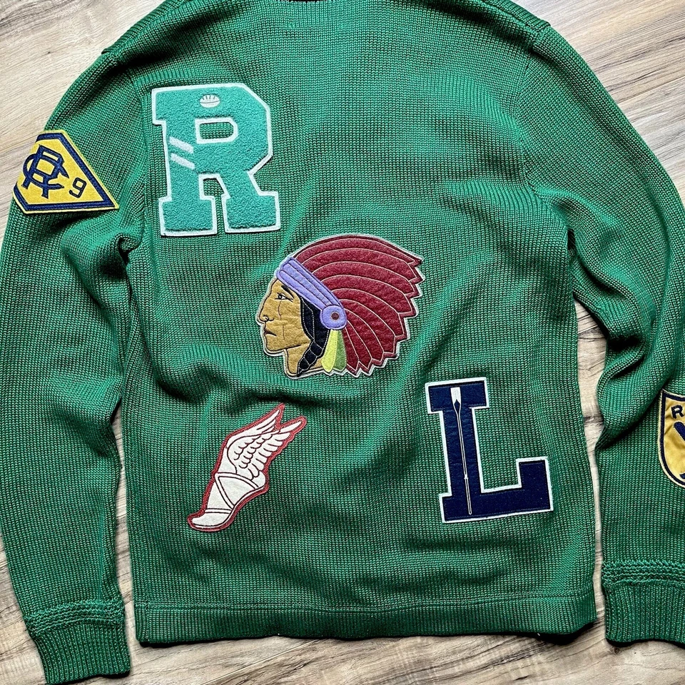 Ralph Lauren Rugby Ala P Indian Varsity Letterman Parche Cárdigan Suéter Pequeño Foto 4 de 4