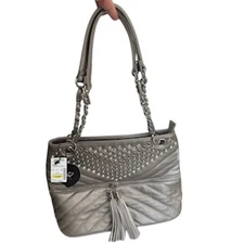 NWT PEWTER HANDBAG SHOULDER SATCHEL PURSE WITH TASSELS & SILVER BLING STUDS TOTE