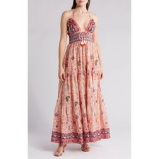 Raga Anthropologie Manisha Maxi Halter Dress V Neck Tiered Ruffle Tassel Large