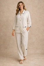 Vintage 90s DONNA USA Linen 2-Piece Pants Suit L Off White MOP Buttons USA Made