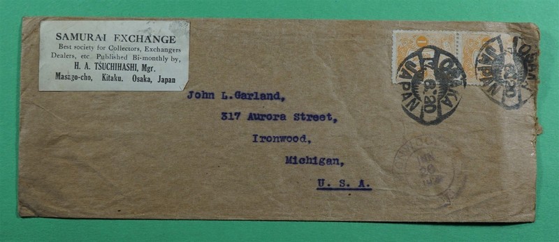 DR WHO 1920 JAPAN STAMP EXCHANGE ADVERTISING OSAKA TO USA R87479
