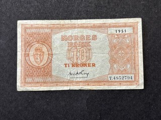 1951 Bank Of Norway 10 Kroner Banknote