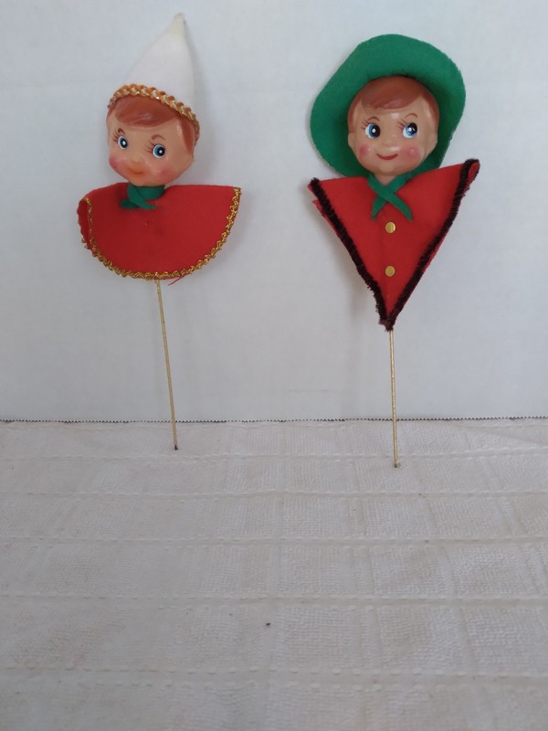 2 Vintage Santa Elf Pixie Boy Girl Plastic Felt Christmas Picks 1950's/60's
