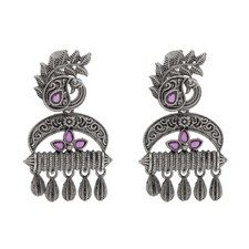 Traditional Indian Matte Silver Oxitised CZ, Crystal Studded Drop Peacock Earrin