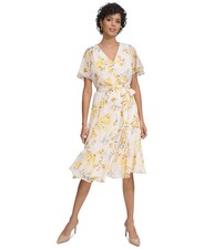 Calvin Klein Textured Chiffon Ruffle-Hem Dress Women's 2 White Multi Zip Closure