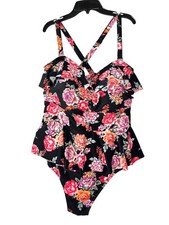 Terra and Sky Plus Size 3X Black Floral One Piece Swimsuit With Ruffle Detail