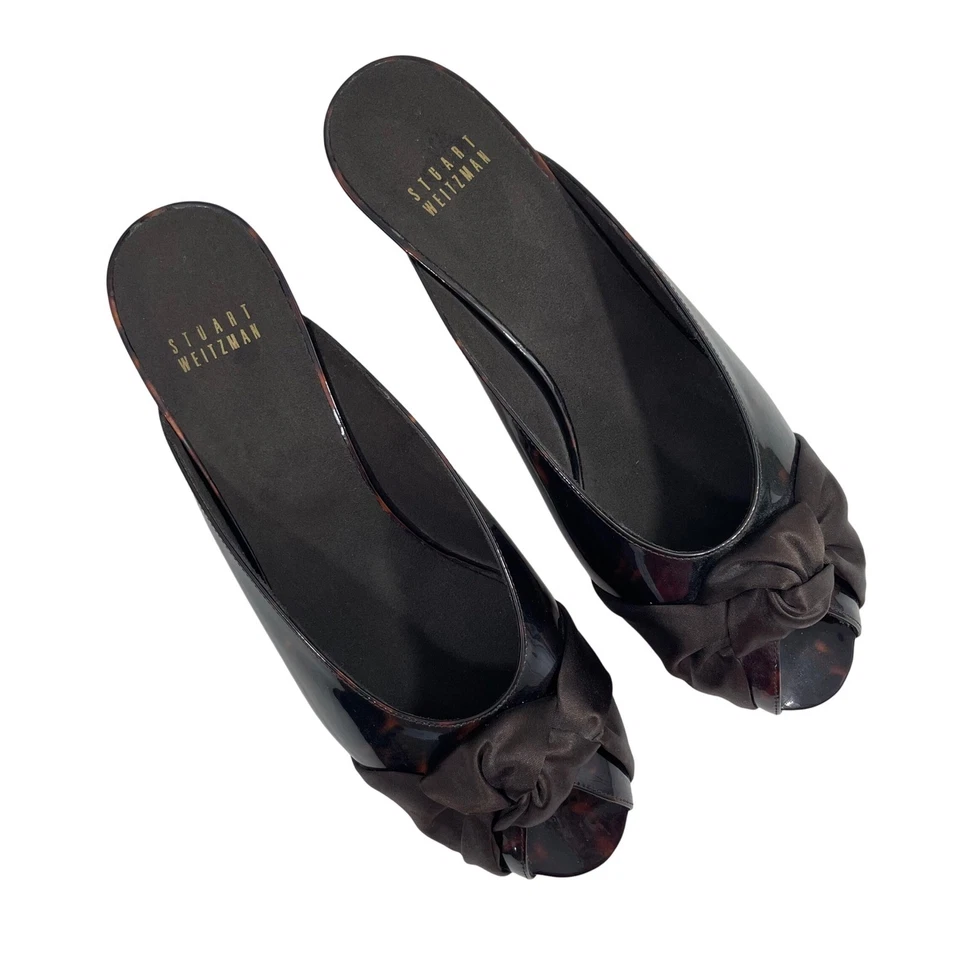 Stuart Weitzman Tortoise Shell Wedge Mules with Bow Women's Size 9M - Image 3 of 4