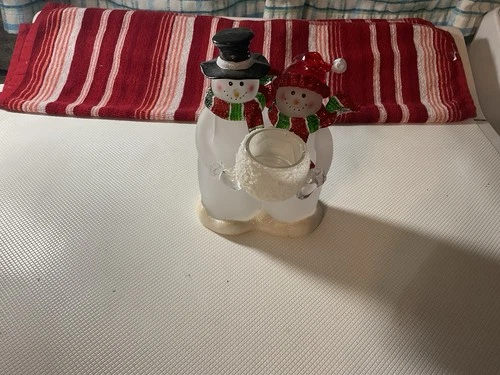  Vintage Yankee Candle Snowman Couple Tea Light Holder Frosted Glass Look  - product listing photo