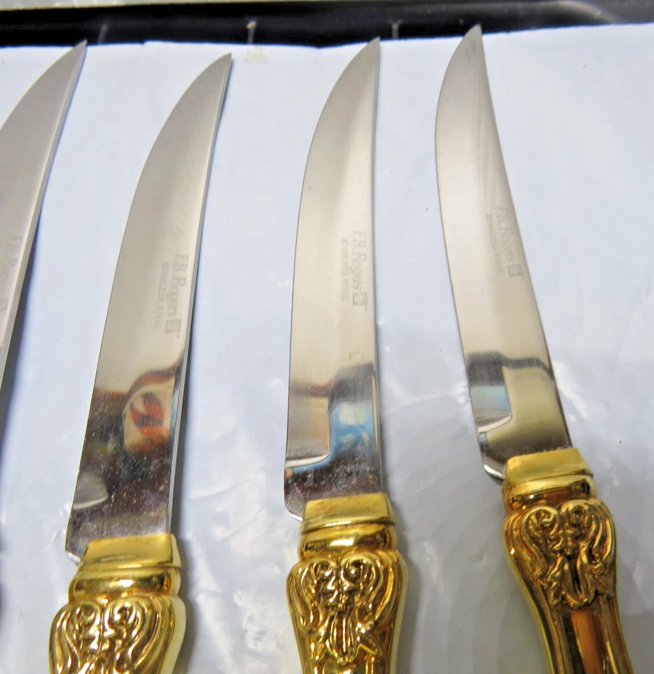 Juego de 8 cuchillos para carne F. B. Rogers adornados de acero inoxidable y plata dorada Foto 4 de 4