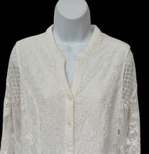 Soft Surroundings Blouse Women s M White Long Sleeve Lace Overlay Button Front
