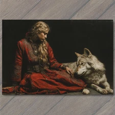 POSTCARD Woman Red Gown Long Hair Sitting Gray Wolf Moody Lighting Floor Black
