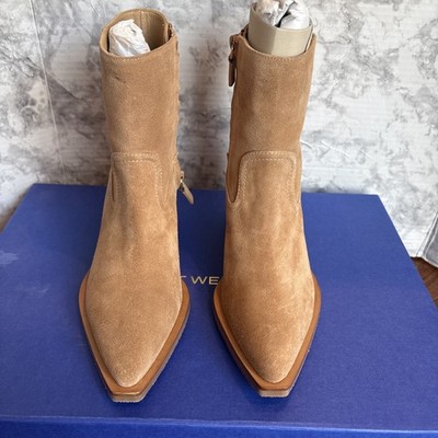 Stuart Weitzman Tate Bootie Boots Womens Size 7 Camel Suede Ankle Block Heel NIB