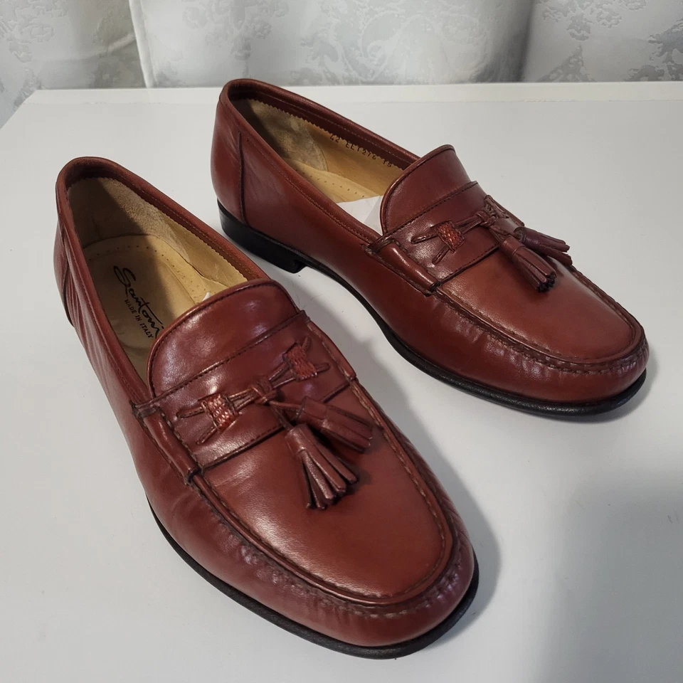 SANTONI Para hombres Borla Kiltie Mocasines Sin Cordones Vestido Cuero Zapatos Talla 8 Coñac  Foto 2 de 4