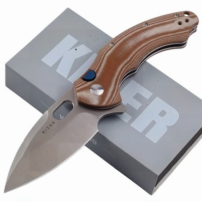 Kizer Cutlery Roach XL Brown Norplex Micarta Folding Pocket Knife Sandvik Drop