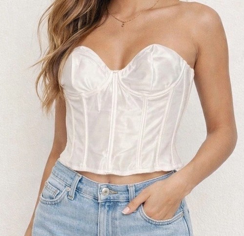 White Satin Corset Top Womens Strapless Bustier Boned Y2K Dominique Medium Bra