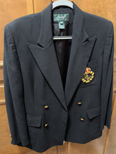 Vintage Sz 10 Lauren Ralph Lauren BLACK Wool Crest Blazer Gold Button Preppy Ivy