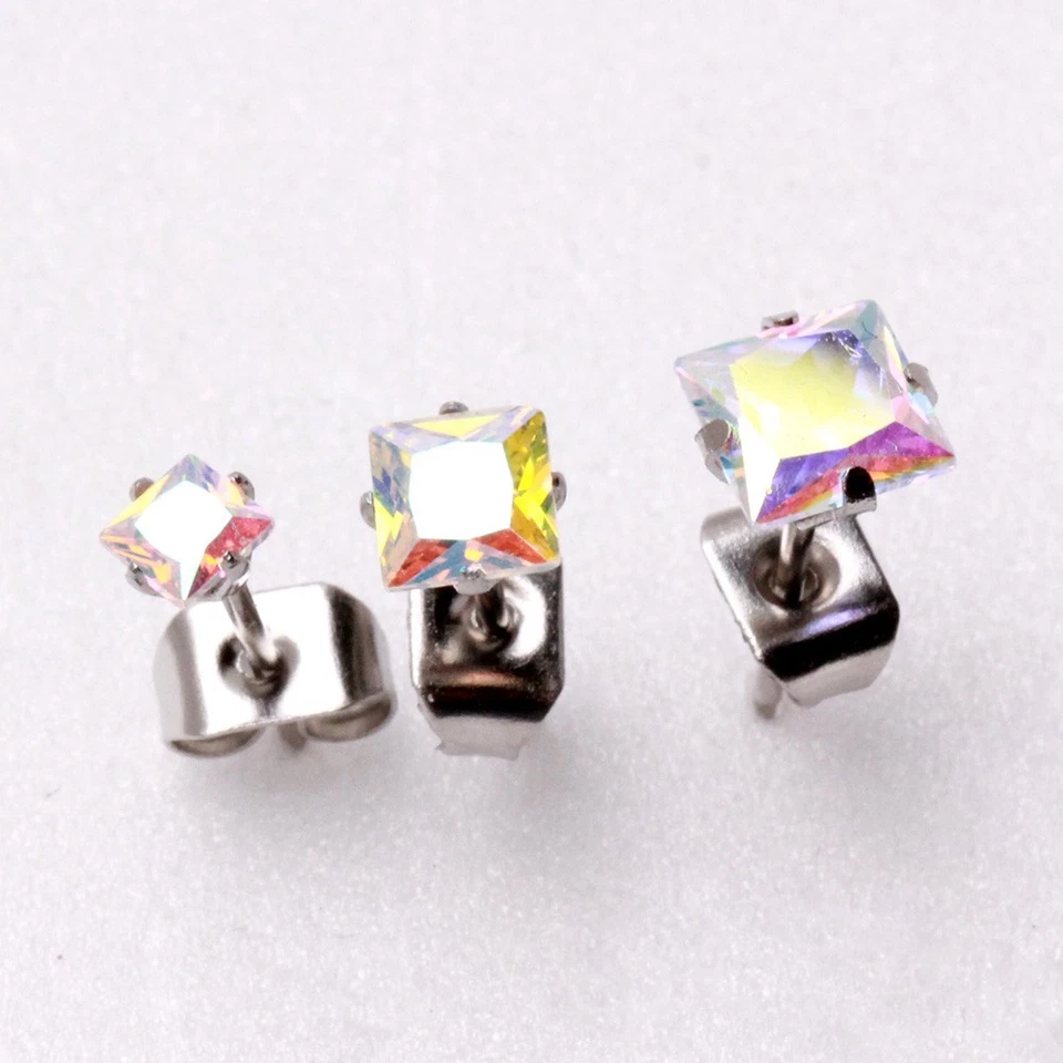 Pair of 316L Stainless Steel Aurora Borealis Princess Cut Cubic Zirconia Studs - Image 2 of 4