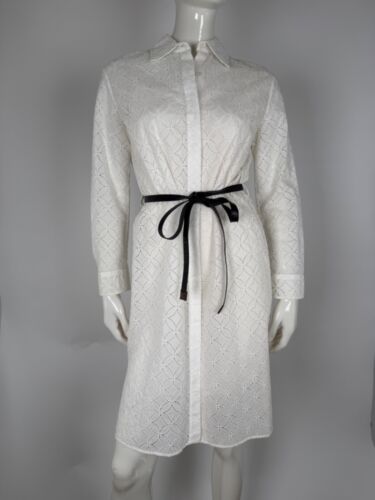 LOUIS VUITTON White Eyelet Long Sleeve Collared Shirt Belted Knee Dress 38 6