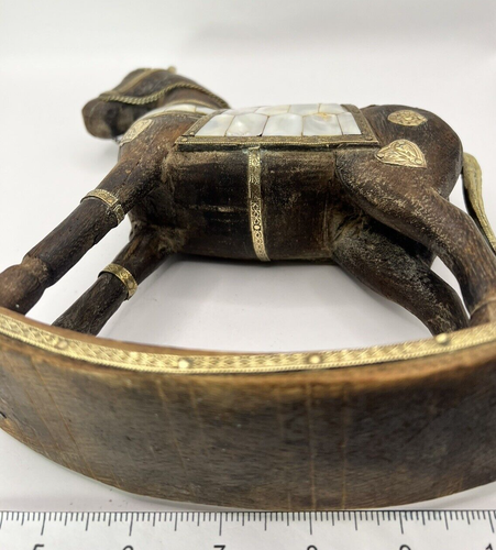 Wood Rocking Horse Hand Carved with Brass & Mother Of Pearl Inlay Accent Vintage - Picture 7 of 9