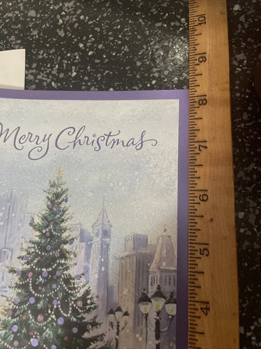 Vtg Unused Christmas Card Heavy Glitter City Street Tree Shoppers W/Env PRETTY! - Picture 6 of 9