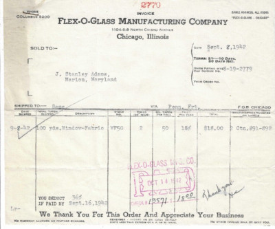 1942 Invoice, Flex-O-Glass Manufacturing Company, Cicero Ave., Chicago, Illinois