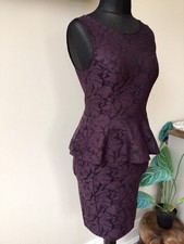 WAREHOUSE DARK PURPLE LACEY OVERLAY SLEEVELESS PEPLUM PENCIL DRESS SIZE 10 EXCON