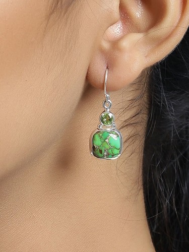 Green Copper Turquoise & Peridot Earrings 925 Sterling Silver Dainty Earrings - Picture 3 of 7