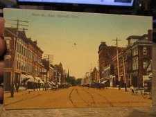 F1 Vintage Old OHIO Postcard NORWALK Main Street Bank Downtown Storefronts Buggy