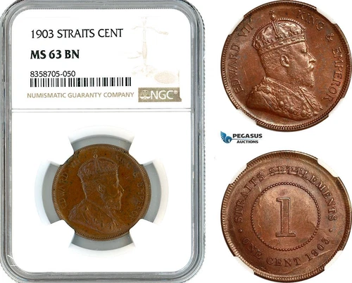AK568, Straits Settlements, Edward VII, 1 Cent 1903, Calcutta Mint, NGC MS63BN