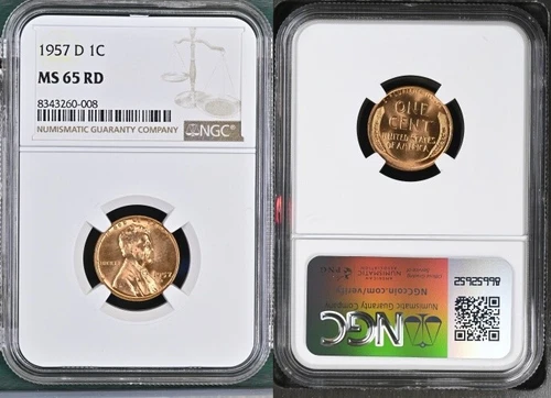 1957-D LINCOLN WHEAT CENT NGC MS65RD DETAILED COIN #B