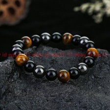 10mm Beads Triple Protection Tiger Eye Obsidian Hematite Men Stretchy Bracelet