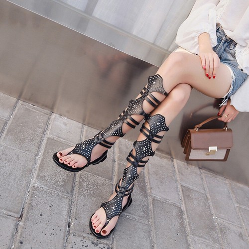 Women Knee High Retro Studded Gladiator Pu Leather Zip Flat Flip Flops  Sandals | eBay