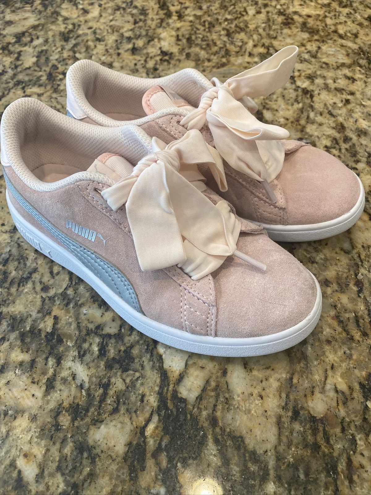 CARINE SNEAKER PUMA Smash v2 fiocco a nastro junior ragazze pelle scamosciata rosa perla argento 3 5C