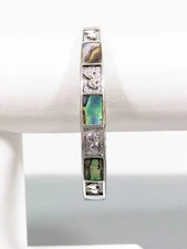 Abalone Shell Inlay Heart Bangle Bracelet Silver Tone 8 inch Beachy Coastal Boho