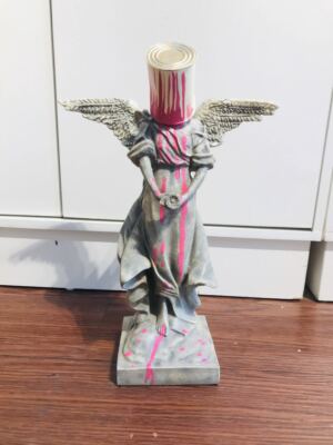 Graffiti Artist BANKSY Gray Tin Bucket Paint Angel Art Statue