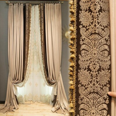 Custom embroidered velvet American milk tea beige cloth curtain drape C2143